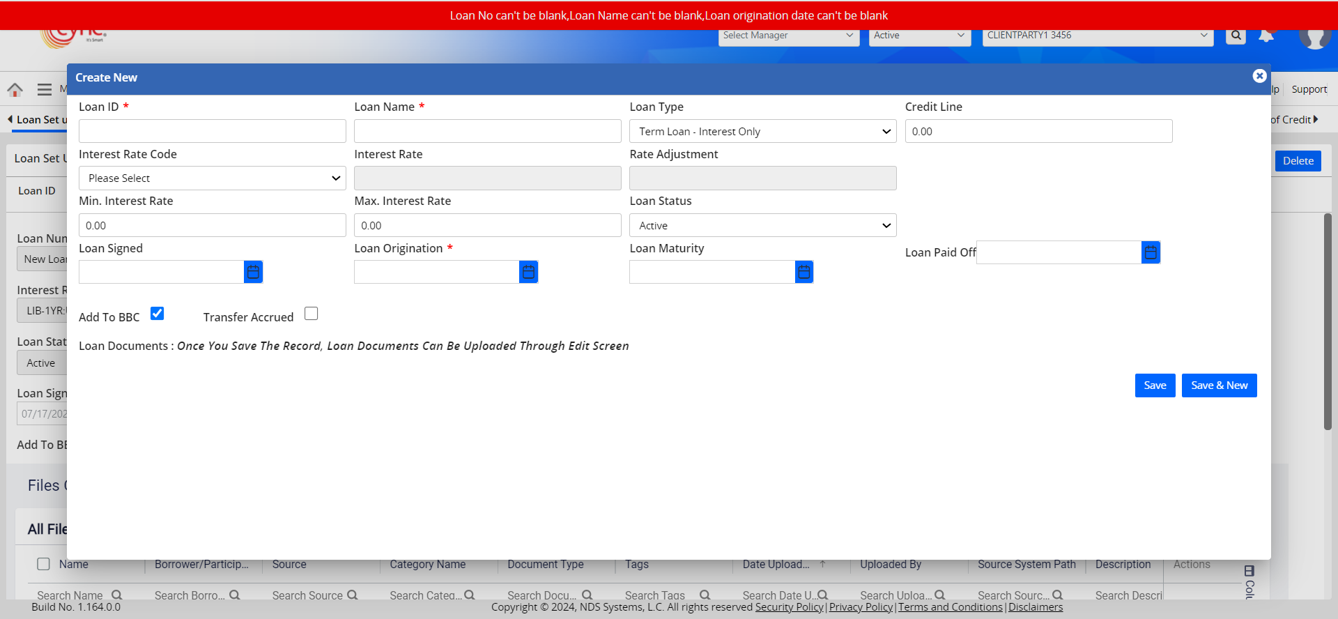 Mandatory Loan name and Loan Number empty error